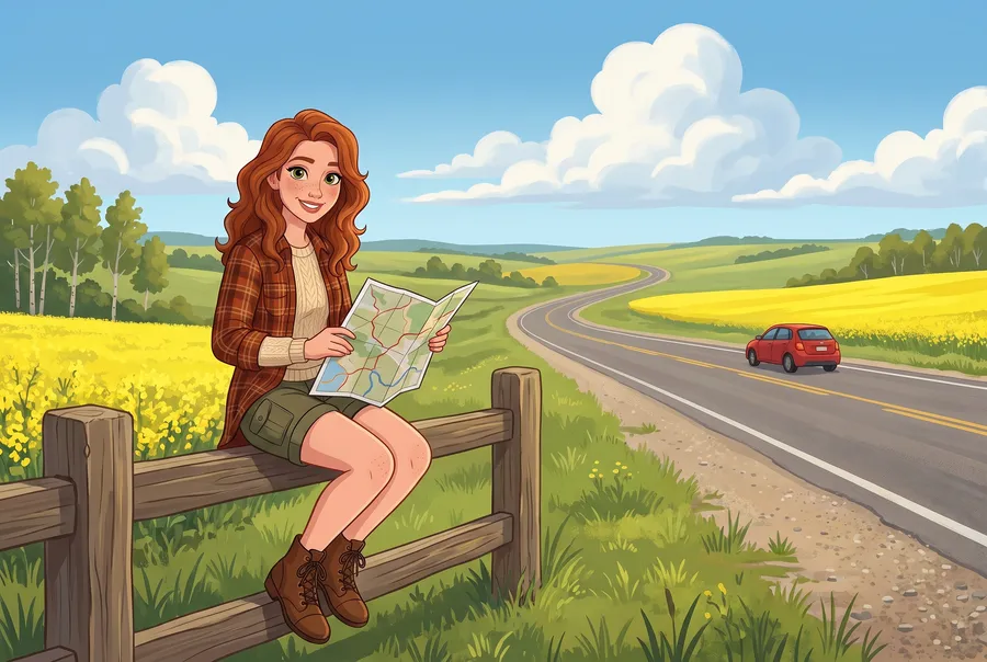 The illustrated young woman sits on a wooden fence beside a quiet two-lane highway through green parkland and yellow fields, reading a paper map