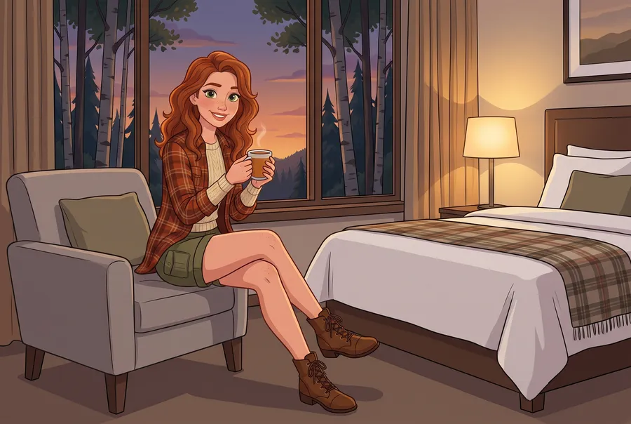 The illustrated young woman sits in an armchair by the window of a cosy hotel room at dusk, holding a mug of tea